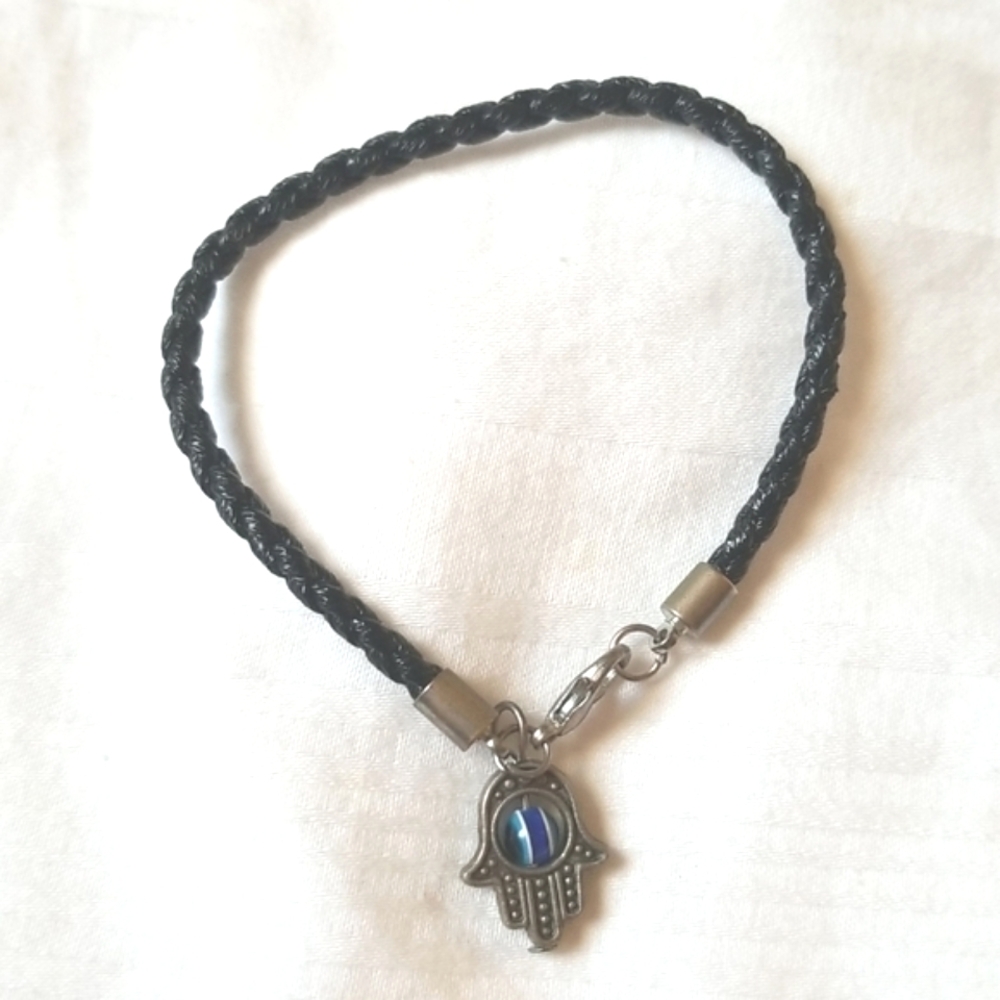 Silver Hamsa Blue Bead Leather Bracelet